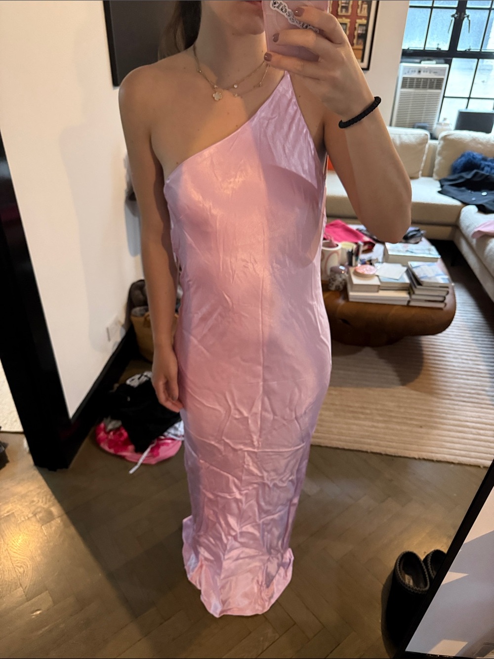 Shona Joy One-Shoulder Light Pink Satin Gown